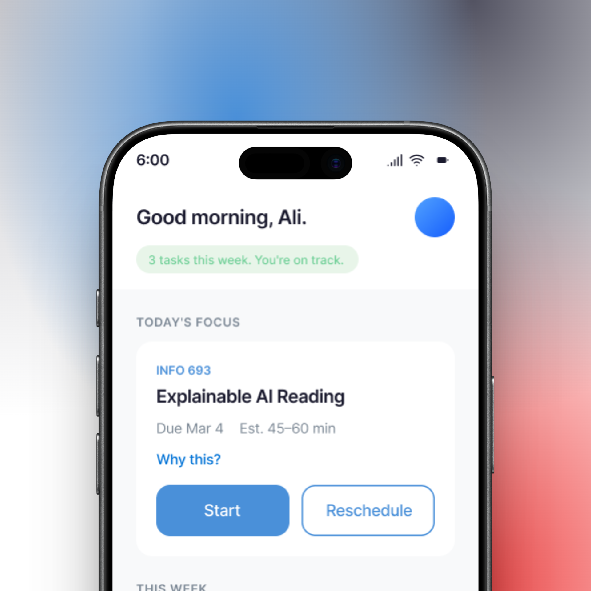 AI Study Buddy app — home dashboard screen