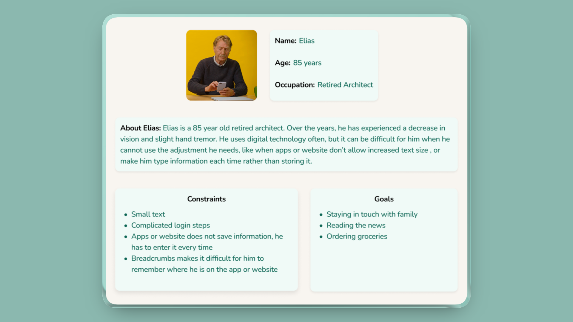 Persona: Elias, 85, retired architect, constraints and goals